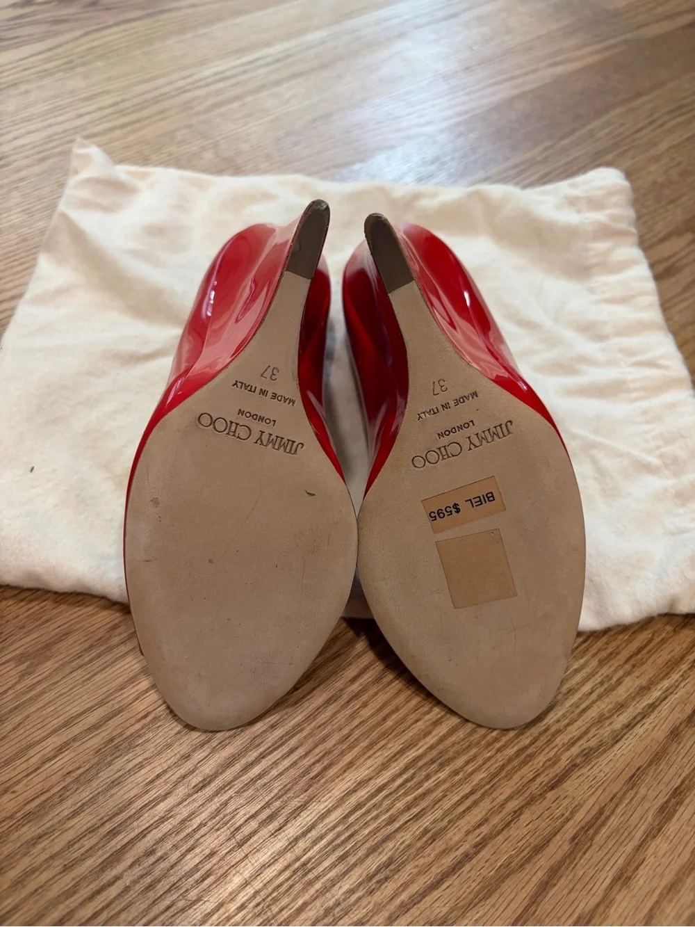 Jimmy Choo Red Patent Peep-Toe Wedge Heels